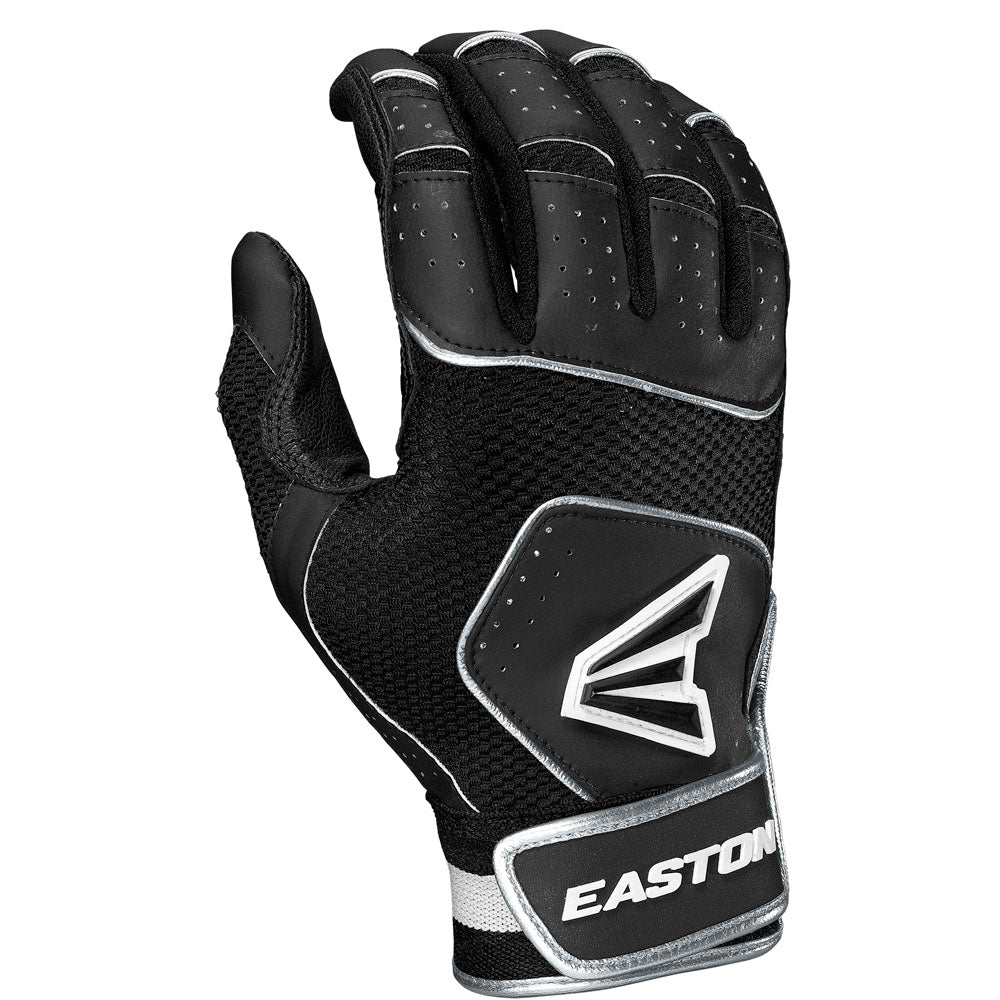 The Easton Walk Off NX Adult Batting Gloves (A121252) are shown upright in black with white accents, featuring mesh fabric, grip texture, a secure wrist strap, and a Bio-Dri liner for comfort.
