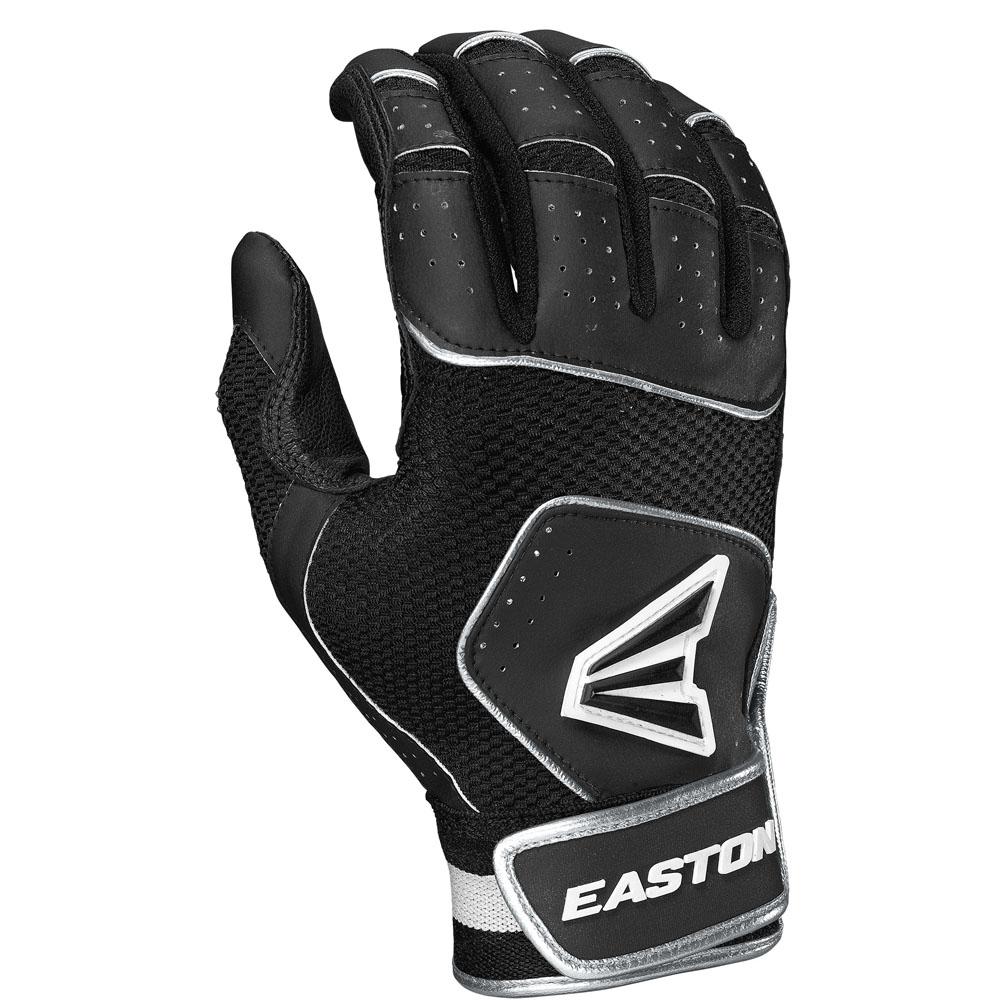 The Easton Walk Off NX Youth Batting Gloves (A121262) are black with white and silver accents, a breathable mesh back, reinforced fingers, a premium goatskin leather palm, and Easton logos on the back and wrist strap.