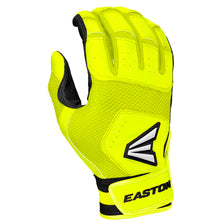 The Easton Walk Off NX Adult Batting Gloves (A121252) by Easton are bright yellow with black accents, mesh ventilation, a Bio-Dri liner, and a hook-and-loop wrist strap; shown palm out with fingers slightly bent.