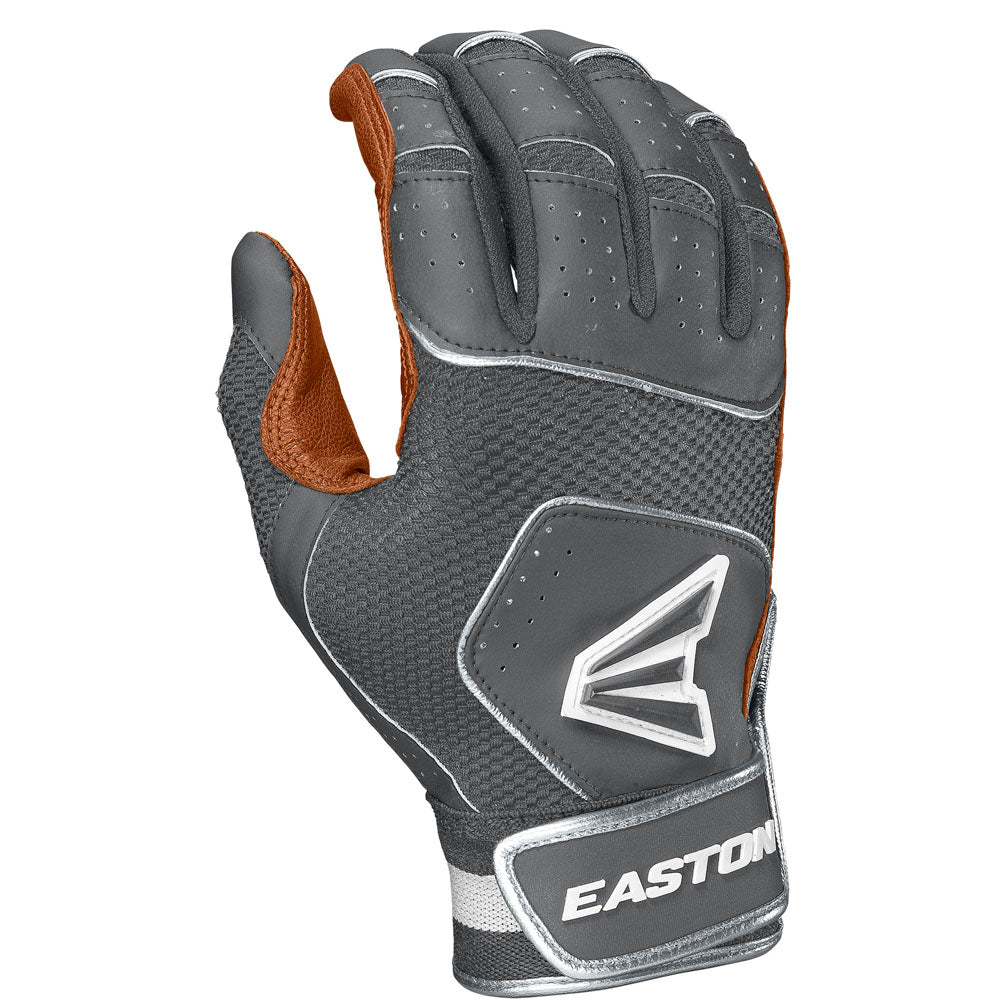 The Easton Walk Off NX Adult Batting Gloves (A121252) feature a gray and orange design with perforated details, textured grip, Easton wrist branding, a raised back emblem, and a soft Bio-Dri liner for comfort.