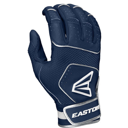 The Easton Walk Off NX Youth Batting Gloves (A121262) by Easton are shown in navy blue and silver from the back, featuring a visible logo, reinforced stitching, and premium goatskin leather.