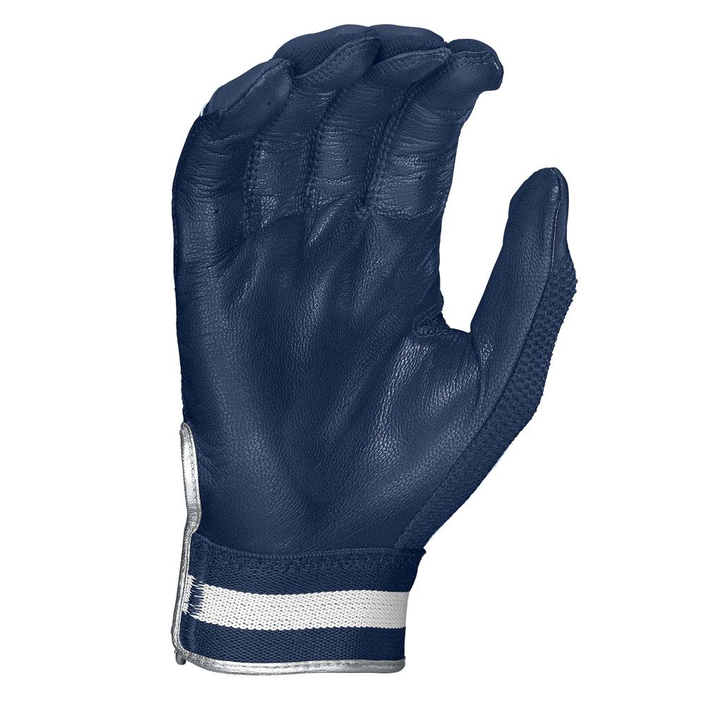 The Easton Walk Off NX Youth Batting Gloves (A121262) by Easton are navy blue, made from premium goatskin leather with a white stripe near the wrist, shown with fingers slightly bent and the palm facing forward.