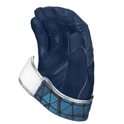 The Easton Walk Off NX Youth Batting Gloves (A121262) by Easton feature a blue and black design with textured grip and a white Velcro strap bearing a blue geometric pattern, shown with fingers curled as if gripping.