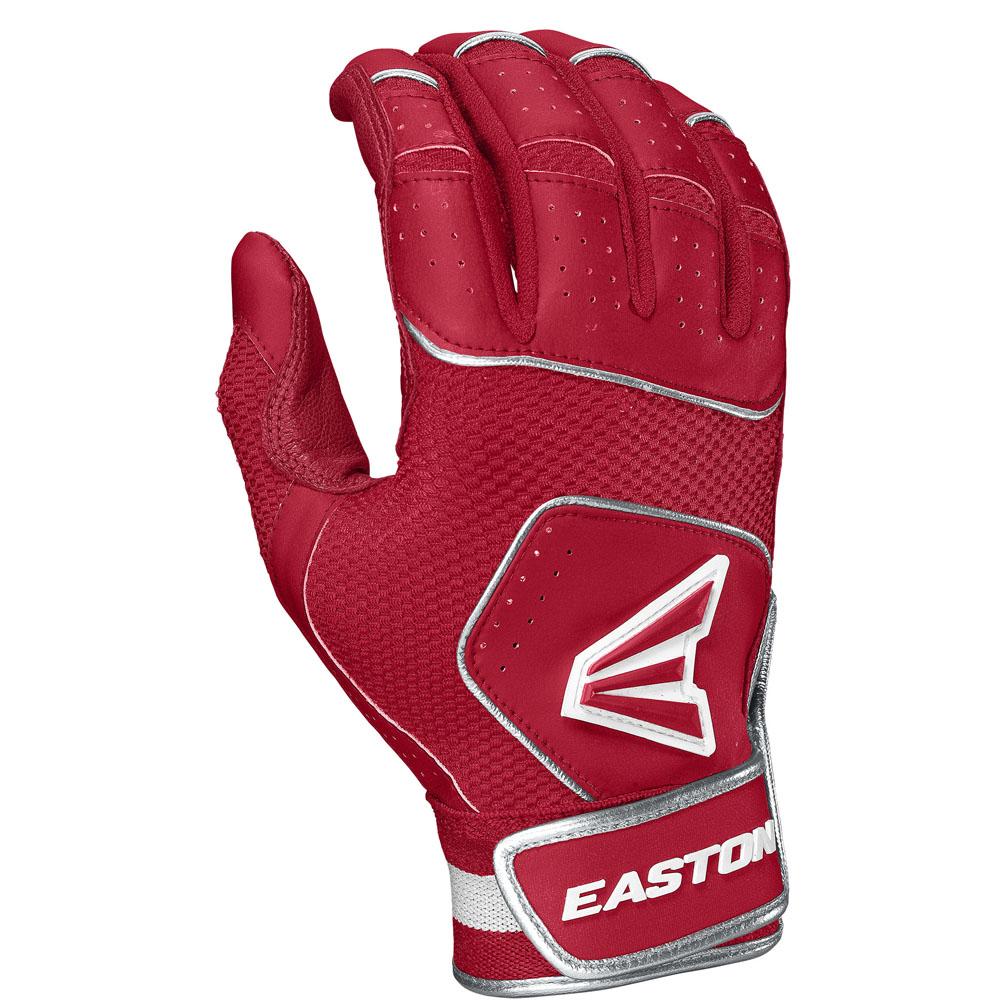 The Easton Walk Off NX Youth Batting Gloves (A121262) by Easton feature a red design with silver and white accents, breathable mesh, a premium goatskin leather palm, reinforced backhand and wrist areas, plus an Easton logo near the wrist strap.