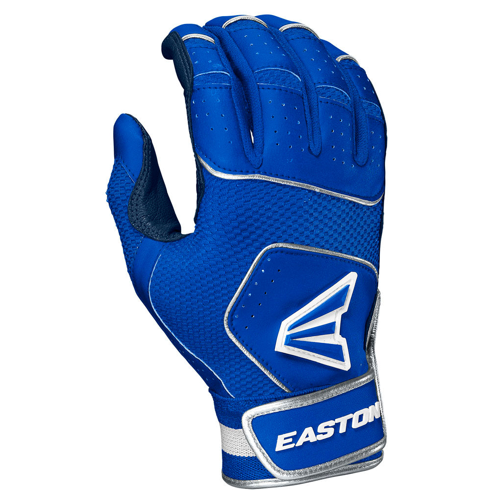 The Easton Walk Off NX Adult Batting Gloves (A121252) feature a blue design with white and silver accents, premium goatskin leather, the Easton logo on the back, EASTON on the wrist strap, and a Bio-Dri liner for comfort.