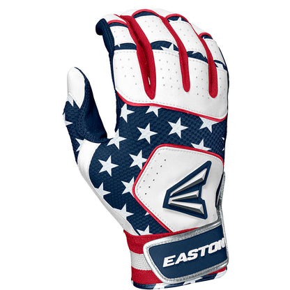 The Easton Walk Off NX Adult Batting Gloves (A121252) feature premium goatskin leather and an American flag-inspired design with blue, white stars, red accents, and stripes. The gloves display the Easton logo and branding.