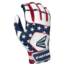 The Easton Walk Off NX Youth Batting Gloves (A121262) feature a blue background with white stars, red accents, and white sections, plus EASTON branding on the wrist strap—crafted from durable goatskin leather for superior comfort.