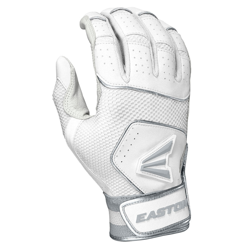 The Easton Walk Off NX Adult Batting Glove (A121252) by Easton is white, shown palm down, with textured grip, ventilation holes, a Velcro strap with gray Easton logo, and is made from premium goatskin leather for comfort and durability.