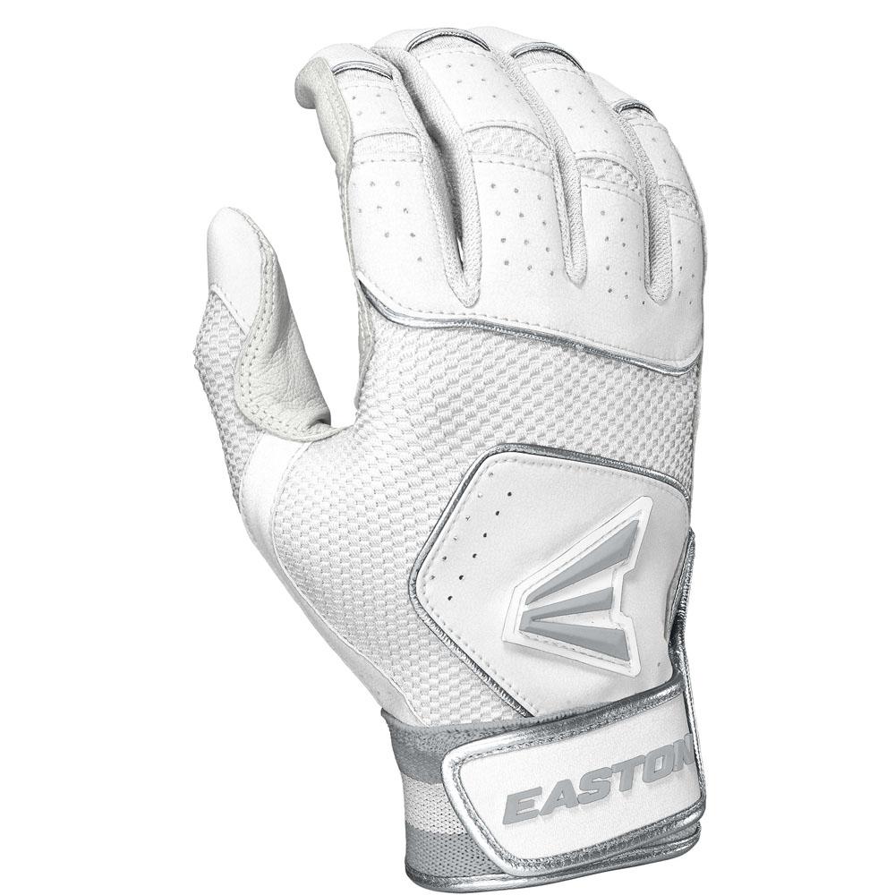 The Easton Walk Off NX Youth Batting Glove (A121262) in white and gray features ventilation holes, a textured grip, and a Velcro strap with the EASTON logo. The glove is shown with its palm side away.