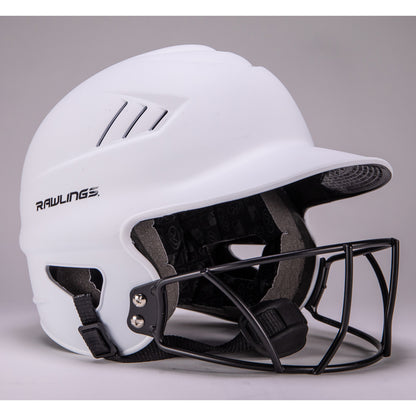 A Rawlings Coolflo Highlighter Matte Batting Helmet with Mask (RCFHLFG) in white, featuring a black metal faceguard and chin strap, is displayed against a plain gray background.