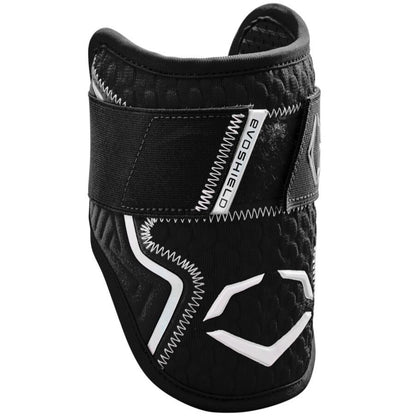 The EvoShield PRO-SRZ 2.0 Batter's Elbow Guard from EvoShield features a textured black and white design, Gel-to-Shell Technology, a hook-and-loop strap, and stitched details for a secure fit and advanced protection.