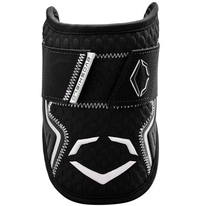 The EvoShield PRO-SRZ 2.0 Batter's Elbow Guard (WB572600) is black with white stitching and accents, features a Velcro strap with the EvoShield logo, and uses Gel-to-Shell Technology for custom protection.