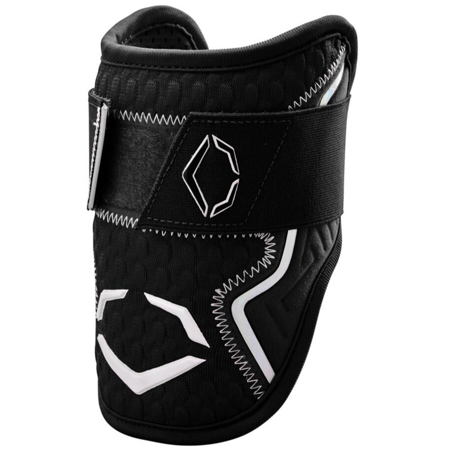 The EvoShield PRO-SRZ 2.0 Batter's Elbow Guard (WB572600) is a black protective gear with white stitching, geometric white patterns, and an adjustable Velcro strap, featuring the Pro-SRZ 2.0 design by EvoShield.