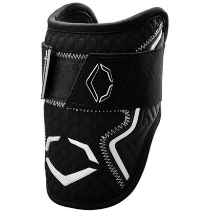 The EvoShield PRO-SRZ 2.0 Batter's Elbow Guard (WB572600) is a black protective gear with white stitching, geometric white patterns, and an adjustable Velcro strap, featuring the Pro-SRZ 2.0 design by EvoShield.