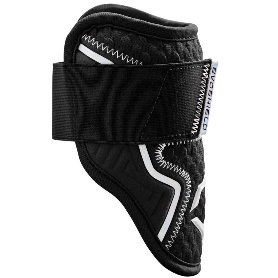 The EvoShield PRO-SRZ 2.0 Batter's Elbow Guard (WB572600) by EvoShield features a black design with white accents, a wide adjustable strap, Gel-to-Shell Technology, and offers arm or elbow protection.