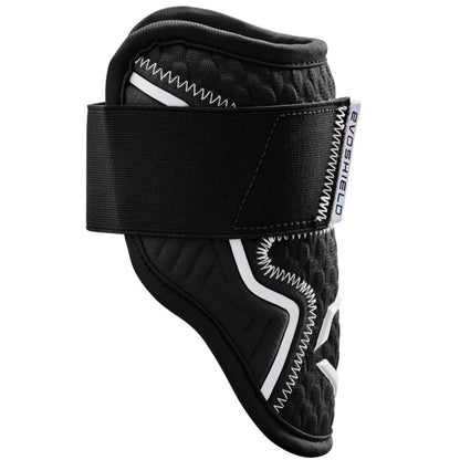 The EvoShield PRO-SRZ 2.0 Batter's Elbow Guard (WB572600) by EvoShield features a black design with white accents, a wide adjustable strap, Gel-to-Shell Technology, and offers arm or elbow protection.