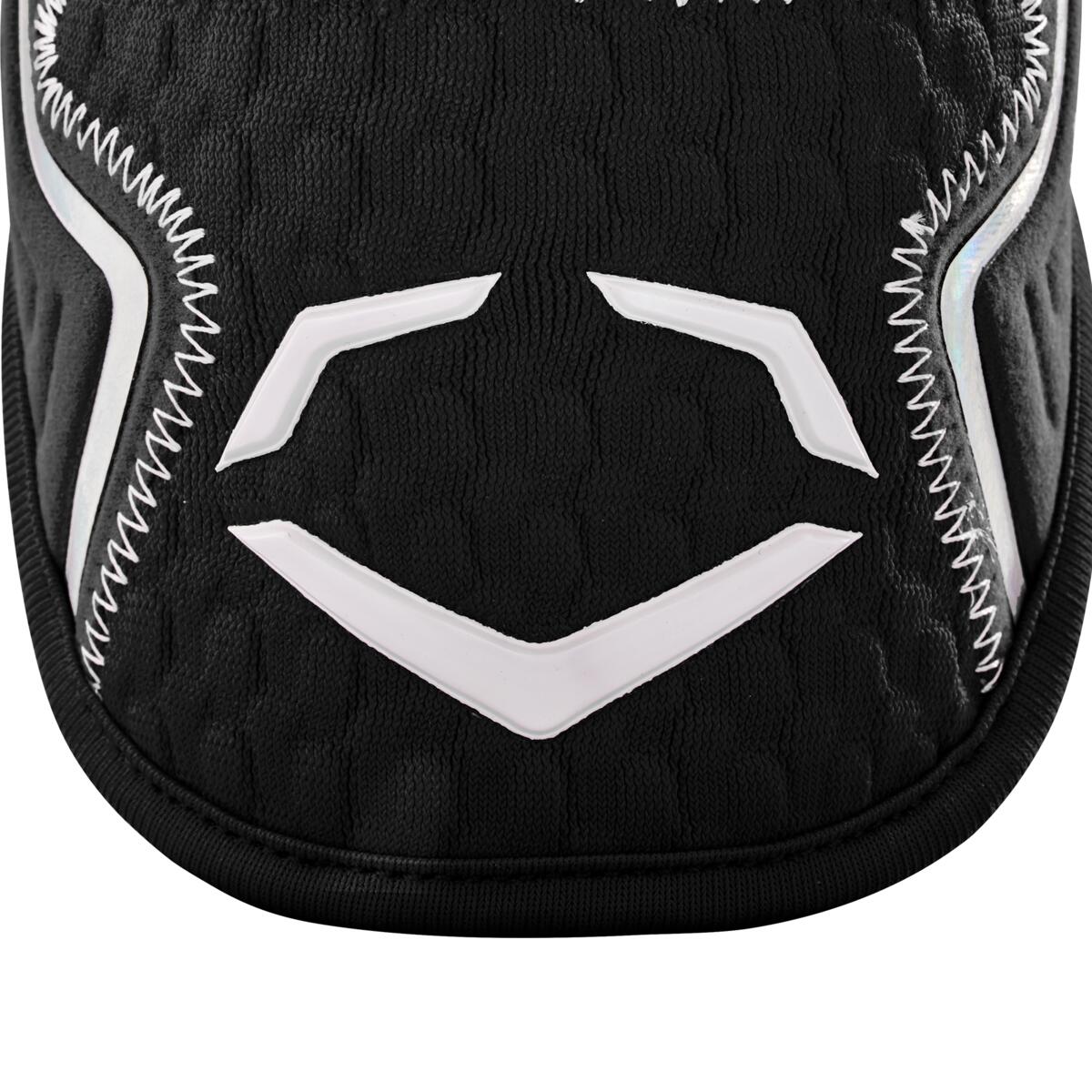 Close-up of the EvoShield PRO-SRZ 2.0 Batter's Elbow Guard (WB572600) by EvoShield shows black textured fabric with white zigzag stitching, a geometric logo, and advanced Gel-to-Shell Technology.