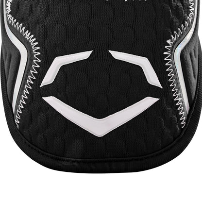 Close-up of the EvoShield PRO-SRZ 2.0 Batter's Elbow Guard (WB572600) by EvoShield shows black textured fabric with white zigzag stitching, a geometric logo, and advanced Gel-to-Shell Technology.