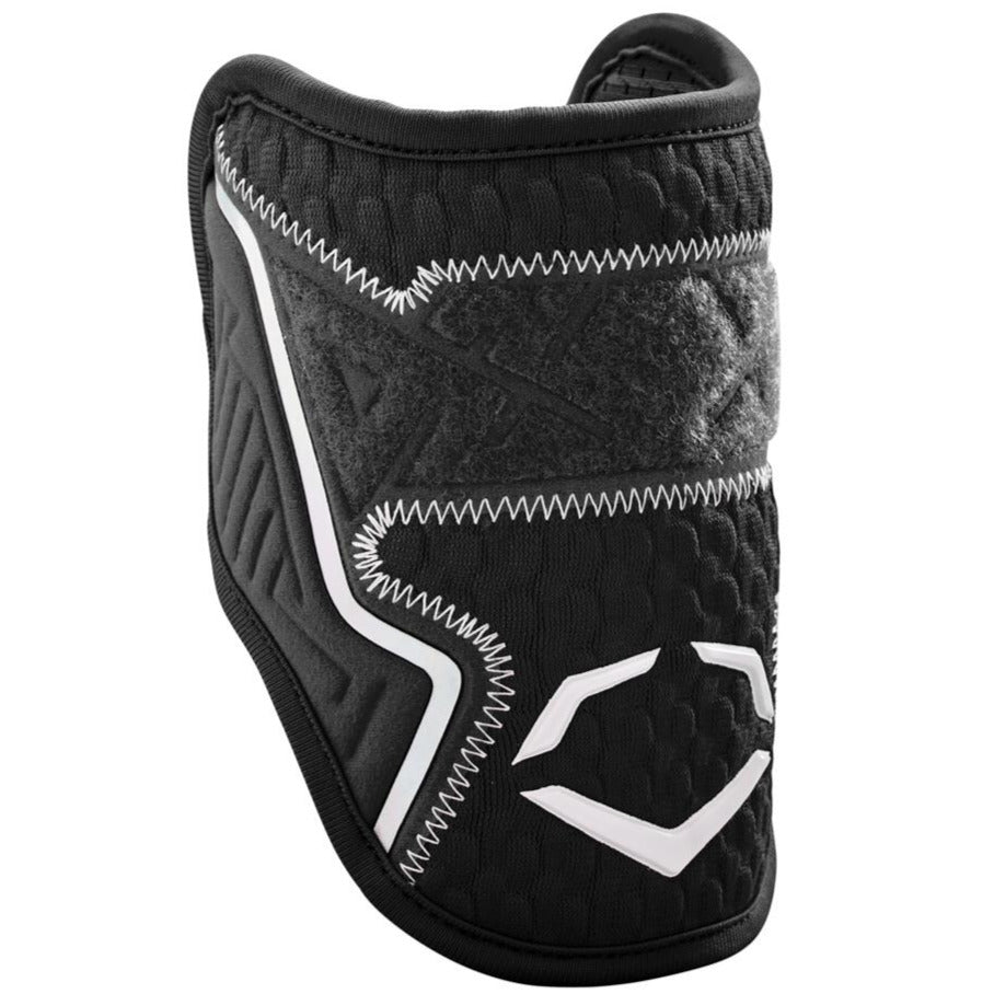 The EvoShield PRO-SRZ 2.0 Batter's Elbow Guard (WB572600) features black and gray padding, white zigzag stitching, a white geometric logo, and a design inspired by advanced athletic gear.
