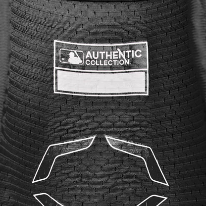 Close-up of a black EvoShield PRO-SRZ 2.0 Batter's Elbow Guard (WB572600) fabric featuring the MLB Authentic Collection label and white stitching details.