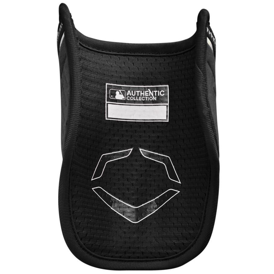 A black EvoShield PRO-SRZ 2.0 Batter's Elbow Guard by EvoShield features white stitching, the MLB Authentic Collection logo near the top, and white home plate outlines with geometric Gel-to-Shell Technology designs on the front.