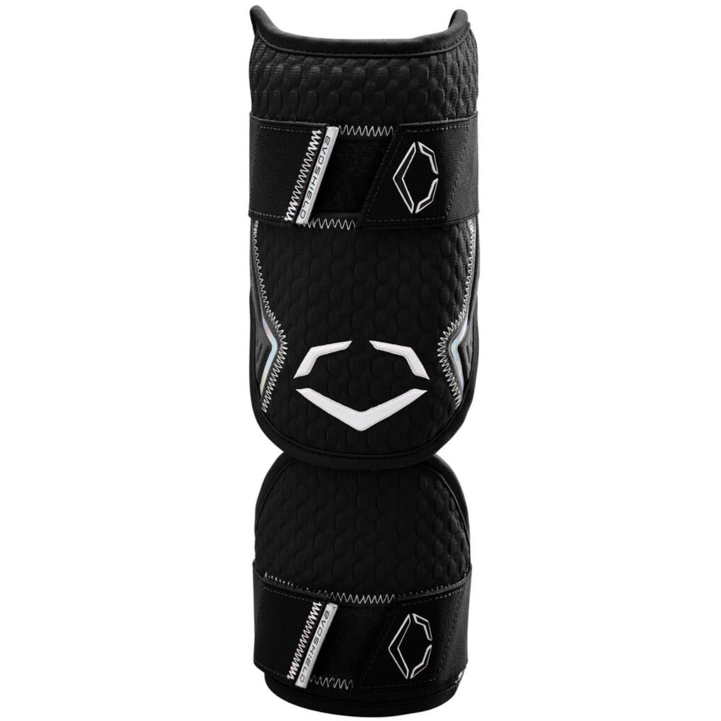 The EvoShield PRO-SRZ 2.0 Batter's Two Piece Elbow Guard (WB5726701OS) is a black athletic elbow guard with textured padding, a white logo, adjustable Velcro straps, and Gel-to-Shell Technology for advanced sports protection.