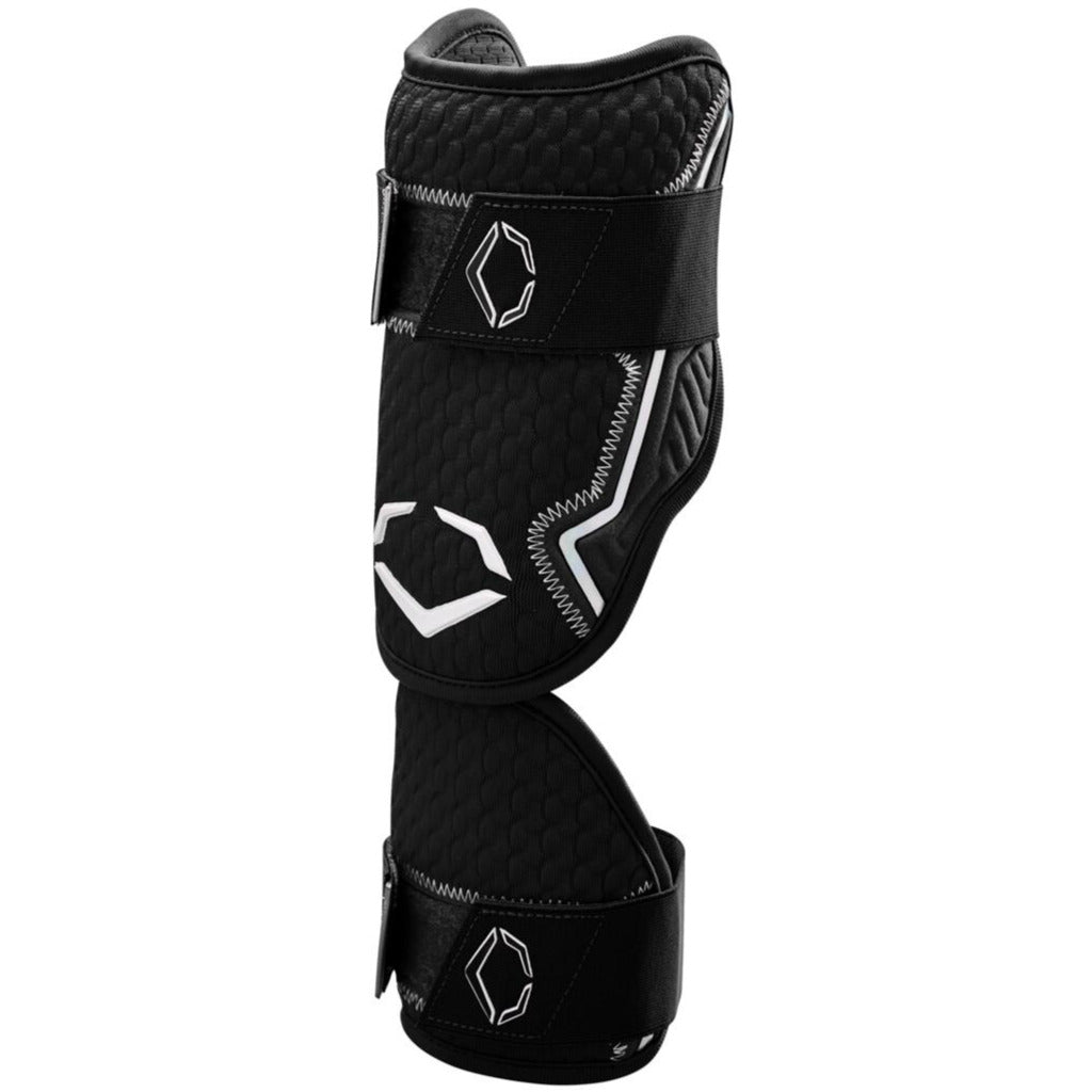The EvoShield PRO-SRZ 2.0 Batter's Two Piece Elbow Guard by EvoShield features Gel-to-Shell Technology, white stitching, a geometric logo, and adjustable Velcro straps for a secure fit—perfect for sports and physical activities.