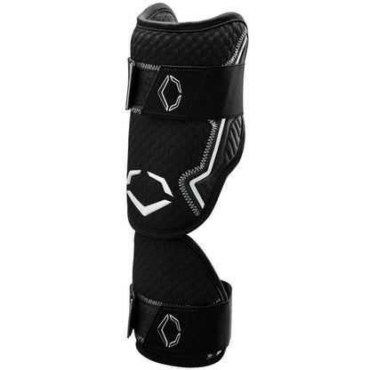 The EvoShield PRO-SRZ 2.0 Batter's Two Piece Elbow Guard by EvoShield features Gel-to-Shell Technology, white stitching, a geometric logo, and adjustable Velcro straps for a secure fit—perfect for sports and physical activities.