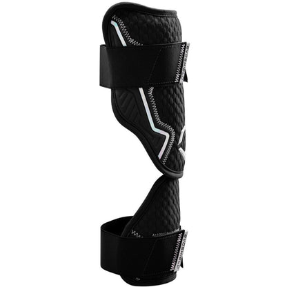 The EvoShield PRO-SRZ 2.0 Batter's Two Piece Elbow Guard by EvoShield features a black padded design with two adjustable Velcro straps, white accent lines, and impact absorption similar to Gel-to-Shell Technology.