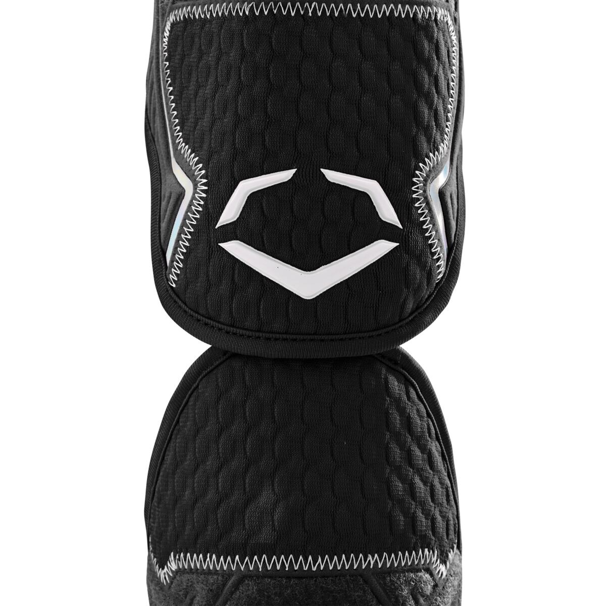 Close-up of the EvoShield PRO-SRZ 2.0 Batter's Two Piece Elbow Guard by EvoShield, featuring black textured pads, white stitching, a geometric design, and advanced Gel-to-Shell Technology for superior protection.