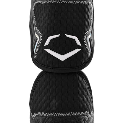 Close-up of the EvoShield PRO-SRZ 2.0 Batter's Two Piece Elbow Guard by EvoShield, featuring black textured pads, white stitching, a geometric design, and advanced Gel-to-Shell Technology for superior protection.