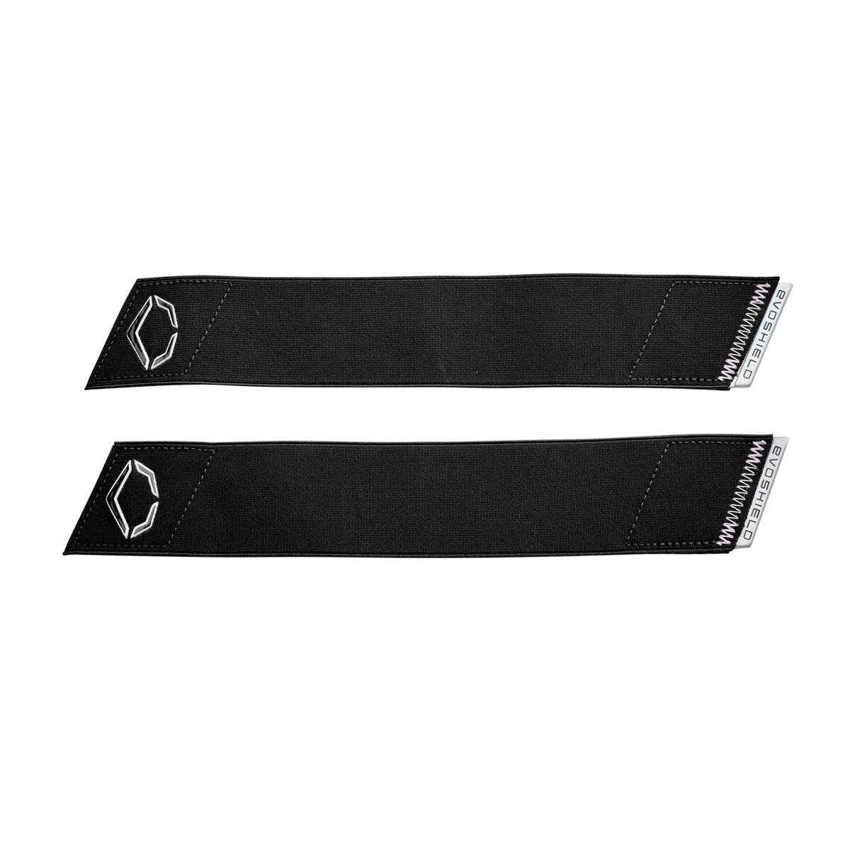 Two black rectangular fabric straps with white stitching and a white geometric logo, designed as replacement straps for the EvoShield PRO-SRZ 2.0 Batter's Two Piece Elbow Guard (WB5726701OS) by EvoShield, shown on a white background.