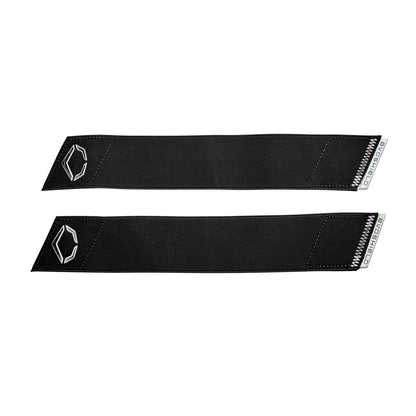 Two black rectangular fabric straps with white stitching and a white geometric logo, designed as replacement straps for the EvoShield PRO-SRZ 2.0 Batter's Two Piece Elbow Guard (WB5726701OS) by EvoShield, shown on a white background.