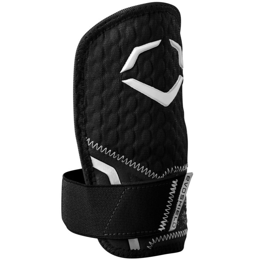 The EvoShield PRO-SRZ 2.0 Batter's Hand Guard (WB5726801) by EvoShield is a black padded guard with a white logo, wide Velcro strap, quilted stitching, and Gel-to-Shell Technology for comfort and superior protection.