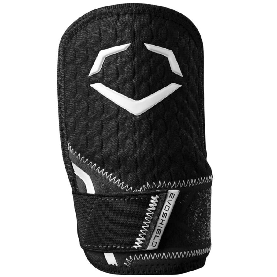 The black EvoShield PRO-SRZ 2.0 Batter's Hand Guard (WB5726801) features Gel-to-Shell Technology, a textured surface with white accents and logo, plus adjustable straps for secure fit and superior protection at the plate.
