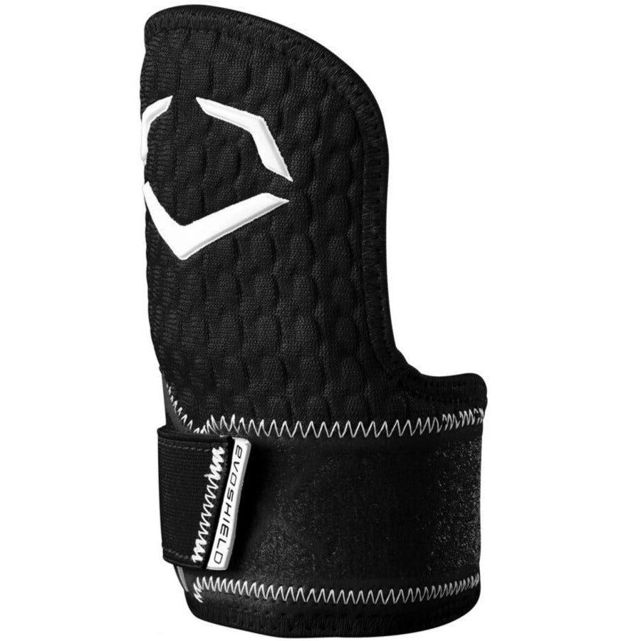 The EvoShield PRO-SRZ 2.0 Batter's Hand Guard (WB5726801) by EvoShield is a black and white wrist band with Gel-to-Shell Technology, providing enhanced protection for batters on every swing.