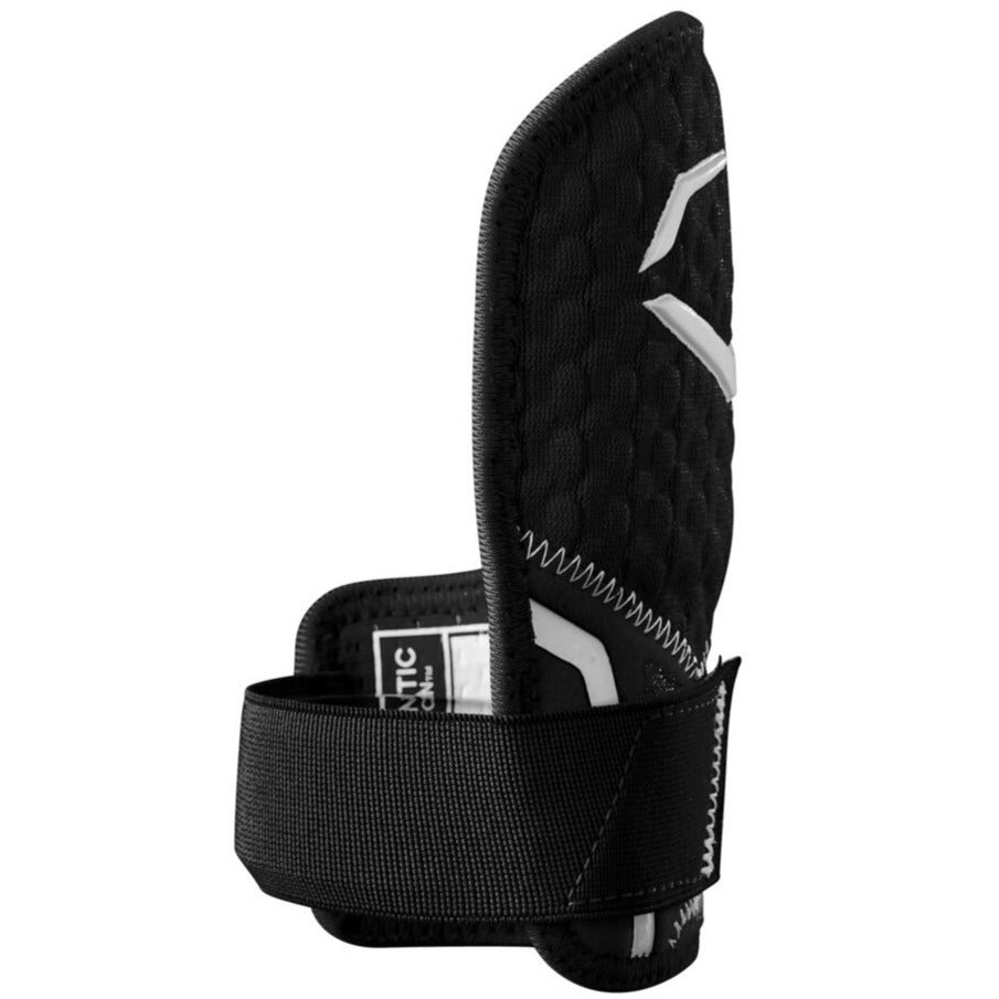 The EvoShield PRO-SRZ 2.0 Batter's Hand Guard (WB5726801) by EvoShield is a black, padded wrist guard with a thick adjustable strap, white stitching, and Gel-to-Shell Technology for superior batter’s protection during athletic use.