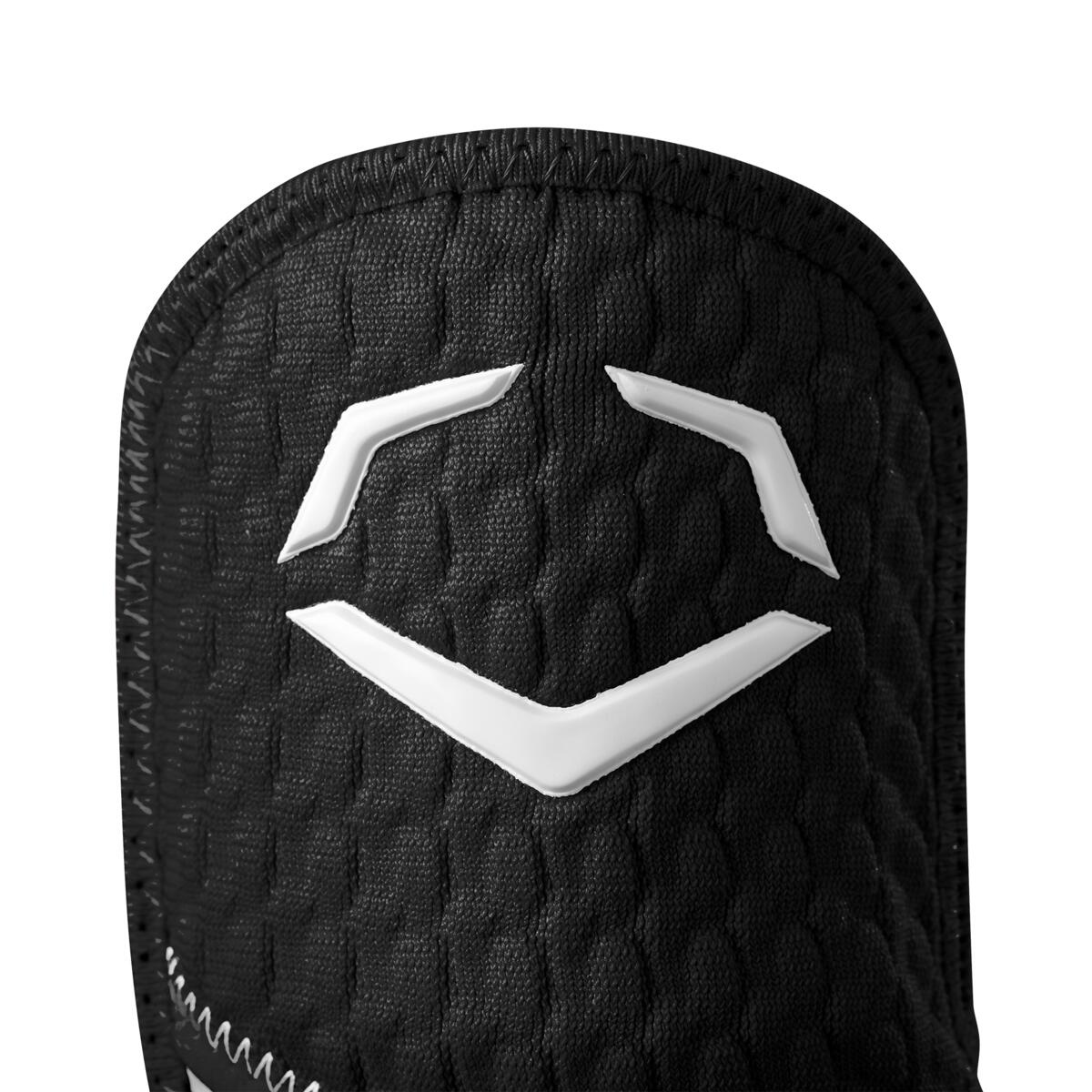 Close-up of a black textured fabric with a white angular EvoShield logo, stitched onto the material—featuring the EvoShield PRO-SRZ 2.0 Batter's Hand Guard: WB5726801 for advanced batter’s protection.