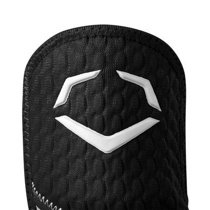 Close-up of a black textured fabric with a white angular EvoShield logo, stitched onto the material—featuring the EvoShield PRO-SRZ 2.0 Batter's Hand Guard: WB5726801 for advanced batter’s protection.