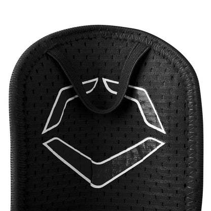 Close-up of the EvoShield PRO-SRZ 2.0 Batter's Hand Guard (WB5726801) in black, featuring a stitched top loop, perforations, and a white geometric EvoShield logo for advanced batter’s protection and modern design.