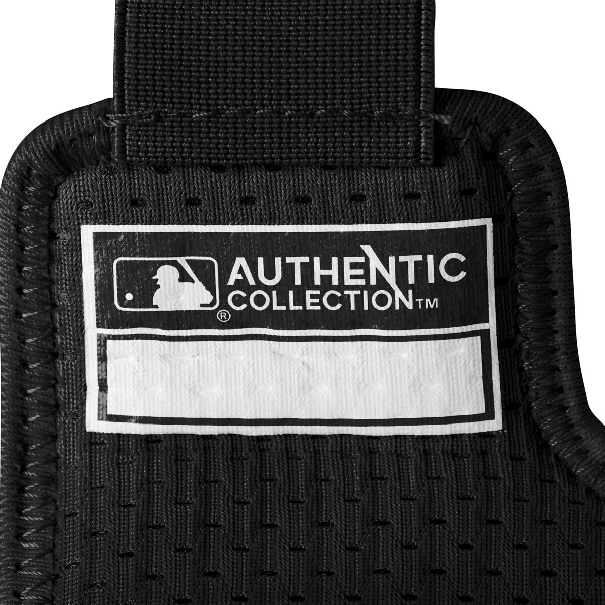 Close-up of the EvoShield PRO-SRZ 2.0 Batter's Hand Guard (WB5726801) in black, with a rectangular patch reading "Authentic Collection" and the MLB logo; features Gel-to-Shell Technology and a blank white area below the text.