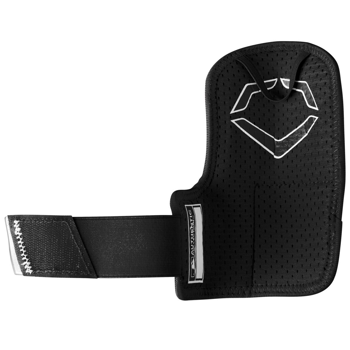 The EvoShield PRO-SRZ 2.0 Batter's Hand Guard (WB5726801) is a black hand guard with a white stitched logo, perforated for breathability and featuring an adjustable Velcro strap, providing comfort and protection to the wrist or forearm.