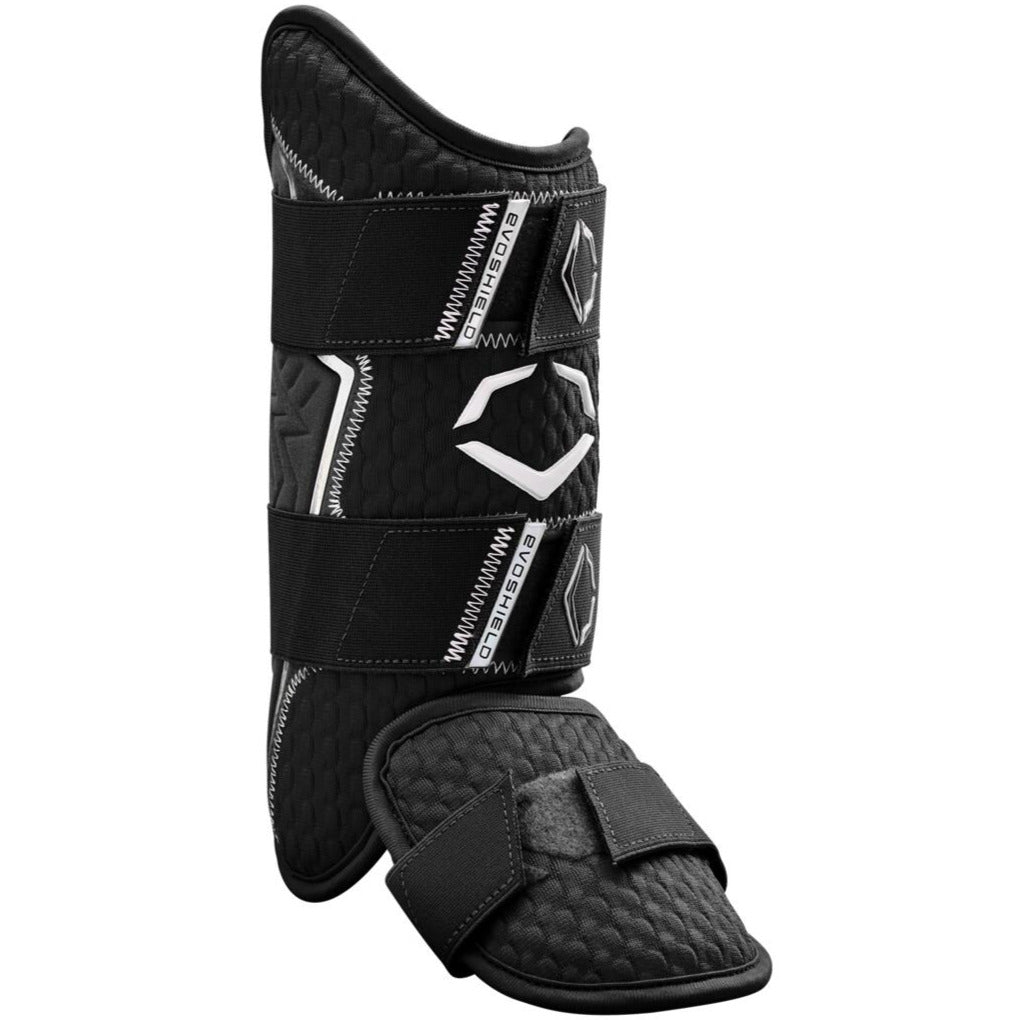 The EvoShield PRO-SRZ 2.0 Batter's Leg Guard (WB5726901) by EvoShield, in black, features quilted padding, two wide hook-and-loop straps, and a reinforced Gel-to-Shell lower section for superior protection, shown against a white background.