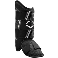 The EvoShield PRO-SRZ 2.0 Batter's Leg Guard (WB5726901) by EvoShield, in black, features quilted padding, two wide hook-and-loop straps, and a reinforced Gel-to-Shell lower section for superior protection, shown against a white background.