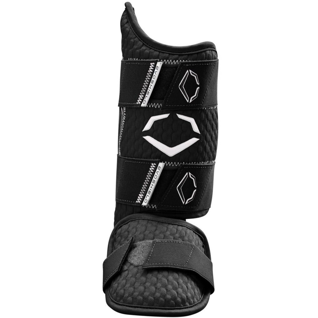 The EvoShield PRO-SRZ 2.0 Batter's Leg Guard by EvoShield features a black quilted design, Velcro straps, and a white geometric logo, offering advanced Gel-to-Shell Technology to protect and support the leg during play.