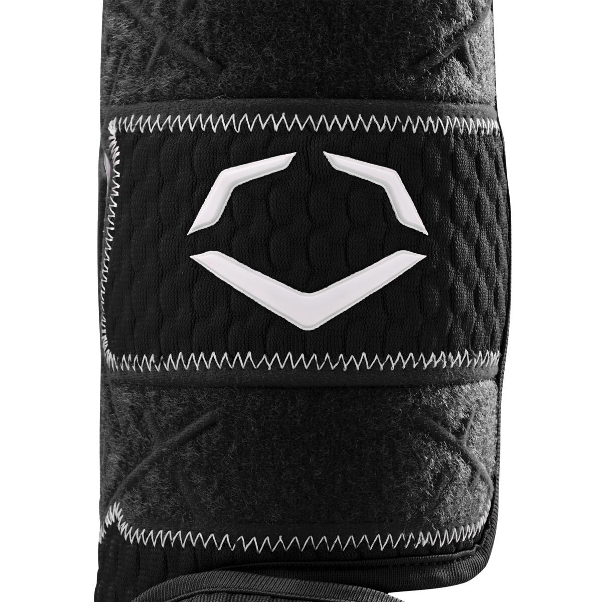 Close-up of the EvoShield PRO-SRZ 2.0 Batter's Leg Guard (WB5726901) in black, showing its textured fabric, white zigzag stitching, and a white geometric EvoShield logo with angled chevrons on the center.