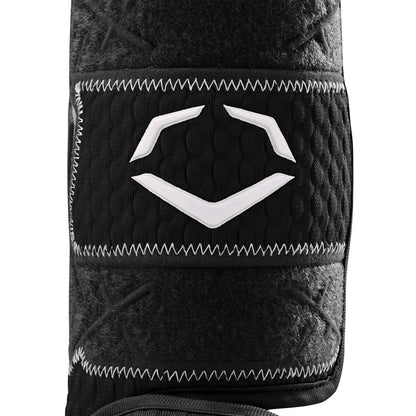 Close-up of the EvoShield PRO-SRZ 2.0 Batter's Leg Guard (WB5726901) in black, showing its textured fabric, white zigzag stitching, and a white geometric EvoShield logo with angled chevrons on the center.