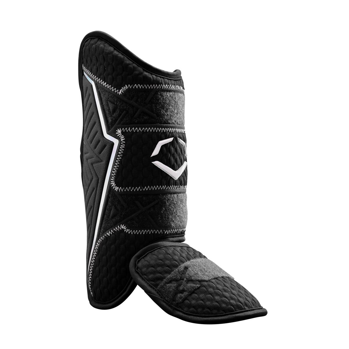 The EvoShield PRO-SRZ 2.0 Batter's Leg Guard (WB5726901) in black and gray with white stitching features Gel-to-Shell Technology for top protection and comfort. Shown upright against a white background with the geometric EvoShield logo.
