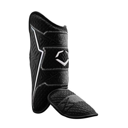 The EvoShield PRO-SRZ 2.0 Batter's Leg Guard (WB5726901) in black and gray with white stitching features Gel-to-Shell Technology for top protection and comfort. Shown upright against a white background with the geometric EvoShield logo.
