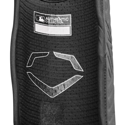 Close-up of a black EvoShield PRO-SRZ 2.0 Batter's Leg Guard (WB5726901) with an MLB Authentic Collection label and white geometric logo, highlighting its textured fabric.